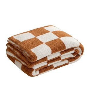 throw blanket with checkerboard plaid- cozy breathable all seasons soft checkered blanket gingham home decor for couch and bed -throw size 51"x63",light tan