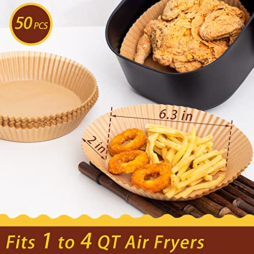 Air Fryer Disposable Paper Liners, 50Pcs 6.3 Inch Air Fryer Baking Parchment Paper Liner with Air Fryer Cheat Sheet