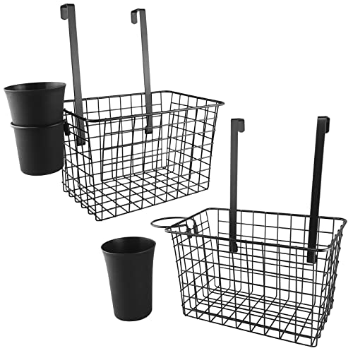 Diversified Hanging Metal Basket 2 PACK, Over Cabinet Door Organizer, Adjustable Height, with Hair Blow Dryer Hook & Cups Holder, Bathroom Kitchen Vanity Closet Office Garage Storage Organization