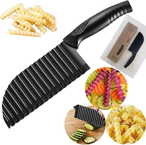 YukaBa Crinkle Potato Cutter 2.9" x 11.8" Stainless Steel Waves French Fries Slicer Handheld Chipper Chopper, Vegetable Salad Chopping Knife Home Kitchen Wavy Blade Cutting Tool, Black (1 Pack)