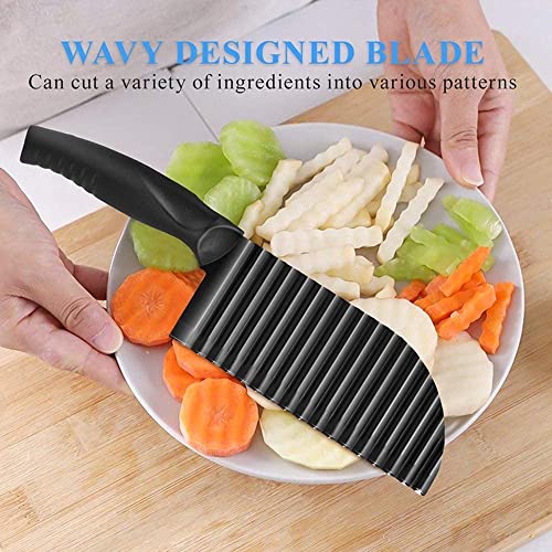 YukaBa Crinkle Potato Cutter 2.9" x 11.8" Stainless Steel Waves French Fries Slicer Handheld Chipper Chopper, Vegetable Salad Chopping Knife Home Kitchen Wavy Blade Cutting Tool, Black (1 Pack)