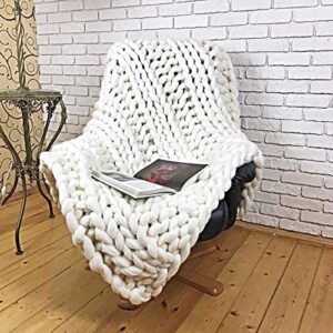 Elero Chunky Knit Blanket Merino Wool Hand Made Boho Soft and Cozy Bulky Throw Blanket for Bedroom Sofa Home Decoration White 32x40