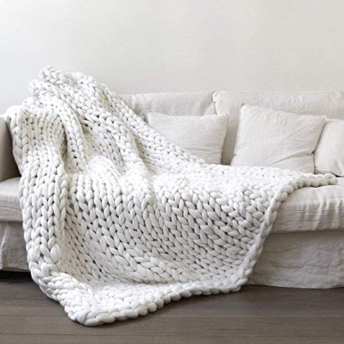 Elero Chunky Knit Blanket Merino Wool Hand Made Boho Soft and Cozy Bulky Throw Blanket for Bedroom Sofa Home Decoration White 32x40