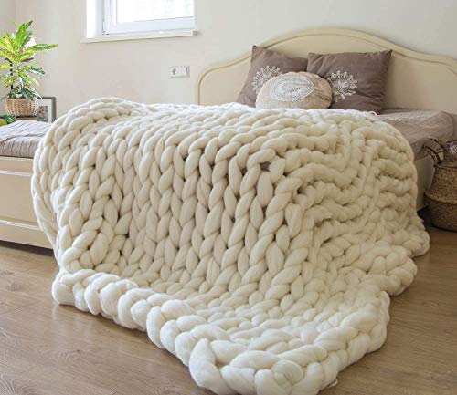 Elero Chunky Knit Blanket Merino Wool Hand Made Boho Soft and Cozy Bulky Throw Blanket for Bedroom Sofa Home Decoration White 32x40