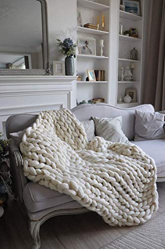 Elero Chunky Knit Blanket Merino Wool Hand Made Boho Soft and Cozy Bulky Throw Blanket for Bedroom Sofa Home Decoration White 32x40