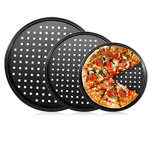 mobzio Baking Steel Pizza Pan with Holes, Round Pizza Pan for Oven, 9 Inch, 11 Inch, 12 Inch Bakeware Pizza Tray, Nonstick Baking Supplies Home Restaurant Kitchen Steel Crisper Pizza Pan Set (3 Pcs)