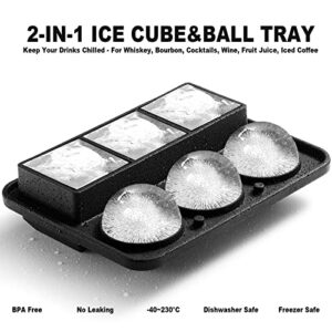 Nax Caki Ice Cube Molds Tray, Large Silicone Whiskey Ice Mold,2-in-1 Round Sphere Ice Ball Maker & Square Ice Trays for Cocktails, Bourbon, Whiskey Gifts for Men from Daughter Wife Son Kids…