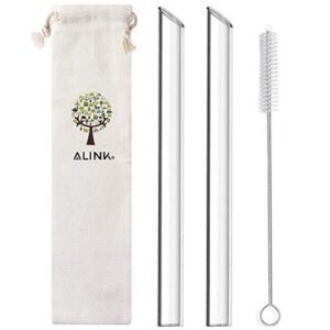 alink reusable glass boba straws, 14mm extra wide clear straws for smoothies, bubble tea, pack of 2 with carrying case and cleaning brush