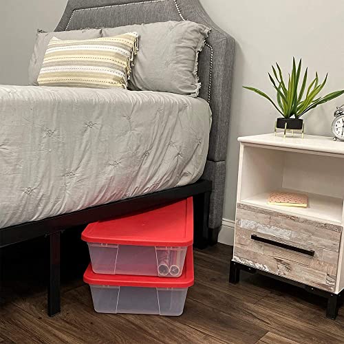 HOMZ Large 41 Quart Clear Plastic Under Bed See Through Stackable Storage Organizer Container with Red Snap Lock Lid (4 Pack)