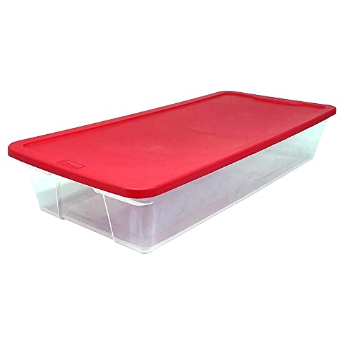 HOMZ Large 41 Quart Clear Plastic Under Bed See Through Stackable Storage Organizer Container with Red Snap Lock Lid (4 Pack)