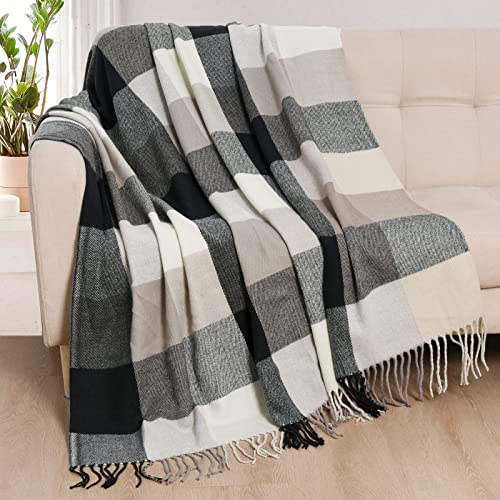 David's Home Buffalo Plaid Throw Blanket- Soft and Lightweight Buffalo Check Blanket with Decorative Tassels for Couch Sofa-Outdoor Fringe Lap Throw-Farmhouse Style-50x60 Inches-Black/Brown