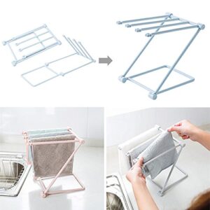 Baost Folding Kitchen Bathroom Towel Rack Desktop Dish Towel Stand Rag Rack Dish Washing Cloth Draining Organizer Towel Shelves Sponge Holder for Kitchen Blue