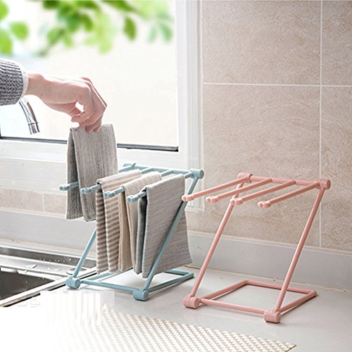 Baost Folding Kitchen Bathroom Towel Rack Desktop Dish Towel Stand Rag Rack Dish Washing Cloth Draining Organizer Towel Shelves Sponge Holder for Kitchen Blue