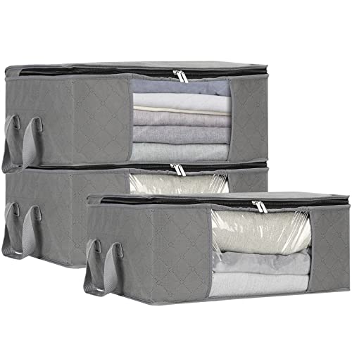 MANZOO Storage Bag Organizer Clothes Containers with Reinforced Handle for Comforters, Blankets, Bedding, Foldable Sturdy Zipper, Clear Window, 3 PC Pack,Grey, 3PC (MZ-3P-30)