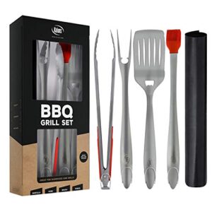 kaluns grill set, heavy duty thick stainless steel grilling utensils 5 piece grilling set, tong, fork, spatula, basting brush extra long grill accessories