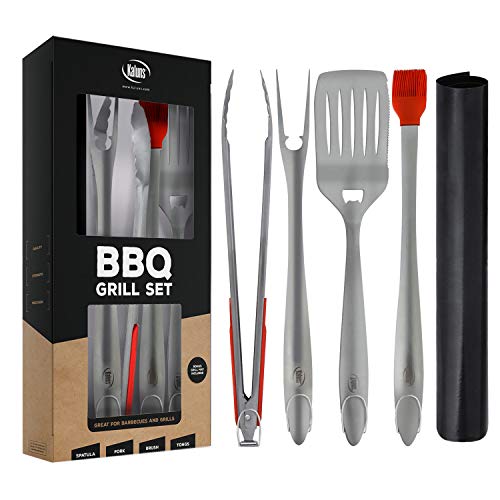 Kaluns Grill Set, Heavy Duty Thick Stainless Steel Grilling Utensils 5 Piece Grilling Set, Tong, Fork, Spatula, Basting Brush Extra Long Grill Accessories