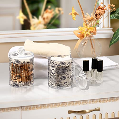 WELLDAY Apothecary Jars Bathroom Storage Organizer with Lid - 14 oz Qtip Holder Storage Canister, Vintage Flowers Roses Clear Plastic Jar for Cotton Swab, Cotton Ball, Floss Picks, Makeup Sponges,Hair