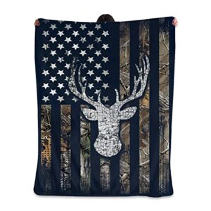 Fullet Deer Hunting Blanket American Flag Camo Throw Blankets Camouflage Hunting Gifts for Men Women Throw Blanket for Bed and Couch 60''x50''