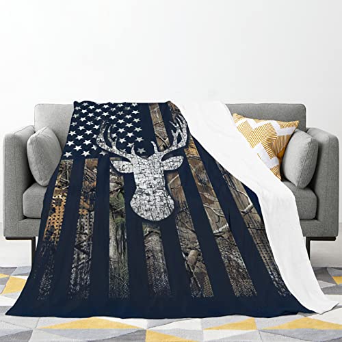 Fullet Deer Hunting Blanket American Flag Camo Throw Blankets Camouflage Hunting Gifts for Men Women Throw Blanket for Bed and Couch 60''x50''