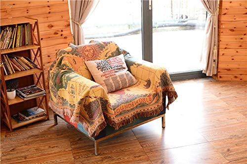 MayNest World Map Throw Blanket Reversible Hippie Bohemian Vintage Yellow Red Knitted Large Fringed Cotton Woven Tapestry Colorful Boho Fantasy Rug Sofa Loveseat Chair Recliner Couch Cover (S: 51x71)