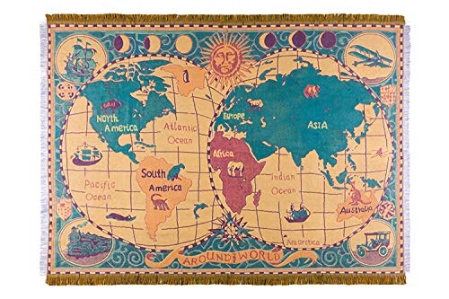 MayNest World Map Throw Blanket Reversible Hippie Bohemian Vintage Yellow Red Knitted Large Fringed Cotton Woven Tapestry Colorful Boho Fantasy Rug Sofa Loveseat Chair Recliner Couch Cover (S: 51x71)