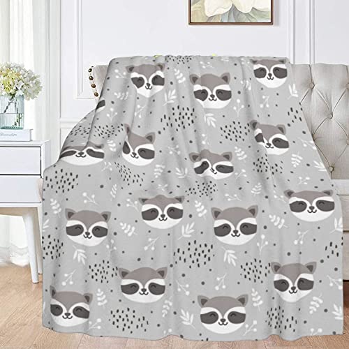 FeHuew Cute Raccoon Doodle Gray Flannel Fleece Throw Blanket 50x60 inch Living Room/Bedroom/Sofa Couch Warm Soft Bed Blanket for Kids Adults