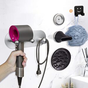 yimerlen hair dryer holder compatible with dyson attachments wall mount stand for supersonic blow dryer attachments (silver, with multifunction hook)