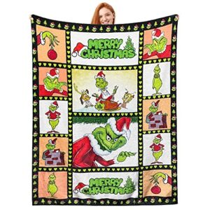 christmas fleece blankets super soft bed-throw blanket green christmas grinchy cartoon mosaic warm bed blanket for sofa chair bed living room funny stitching winter companion blessing 60"x80"