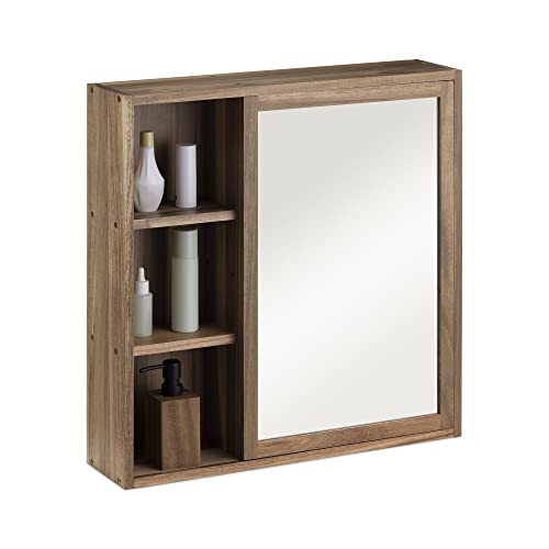 Navaris Wooden Bathroom Cabinet - Acacia Wood Cupboard with Mirror & Shelves - Wall Mounted Storage Unit for Bath Room or Restroom - 23.8"x23.6"x5.5"