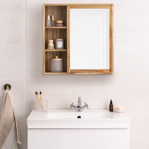 Navaris Wooden Bathroom Cabinet - Acacia Wood Cupboard with Mirror & Shelves - Wall Mounted Storage Unit for Bath Room or Restroom - 23.8"x23.6"x5.5"