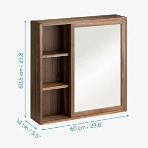 Navaris Wooden Bathroom Cabinet - Acacia Wood Cupboard with Mirror & Shelves - Wall Mounted Storage Unit for Bath Room or Restroom - 23.8"x23.6"x5.5"