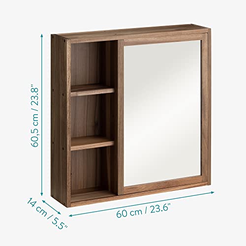 Navaris Wooden Bathroom Cabinet - Acacia Wood Cupboard with Mirror & Shelves - Wall Mounted Storage Unit for Bath Room or Restroom - 23.8"x23.6"x5.5"