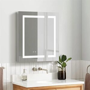 wellfor lighted mirrored cabinet with defogger, dimmer, outlets & usb ports, wall mounted bathroom medicine cabinet, bathroom makeup mirror, recessed or surface, double opening doors, 30" x 30"