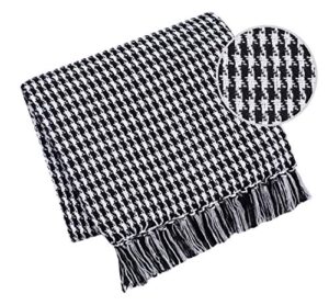 belizzi home throw blanket for couch sofa chair bed outdoor 50x60, 100% cotton throw blanket for adults and kids, all season farmhouse vintage houndstooth throw blanket with fringes, black