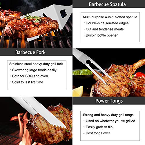 ROMANTICIST 30pcs BBQ Grill Tool Set for Men Dad, Heavy Duty Stainless Steel Grill Utensils Set, Non-Slip Grilling Accessories Kit with Thermometer, Mats in Aluminum Case for Travel, Outdoor Brown