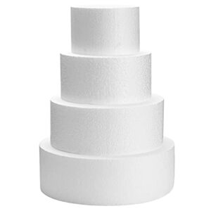 4-piece round foam cake dummies for 16" tall fake wedding cake in 4 sizes, for decorating and crafts, baking displays, wedding cake design (6, 8, 10, and 12-inch sizes)