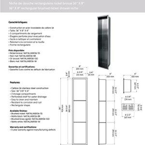 Agua Canada Shower Niche 8 ”x 36” Single Shelf Organizer Best Modern in Wall Bathroom Accessory for Shower or Tub Storage Nook Insert Holds Soap Bottles Toiletries NATALIA (Stainless steel)