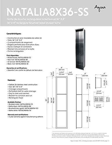 Agua Canada Shower Niche 8 ”x 36” Single Shelf Organizer Best Modern in Wall Bathroom Accessory for Shower or Tub Storage Nook Insert Holds Soap Bottles Toiletries NATALIA (Stainless steel)