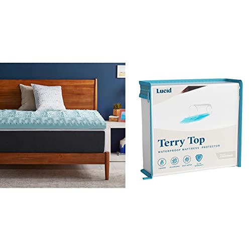 LUCID 3 Inch Gel Memory Foam Plush - Cooling Targeted Convoluted Comfort Zones Mattress Topper, Twin & Premium Hypoallergenic 100% Waterproof Mattress Protector - Universal Fit,White Twin