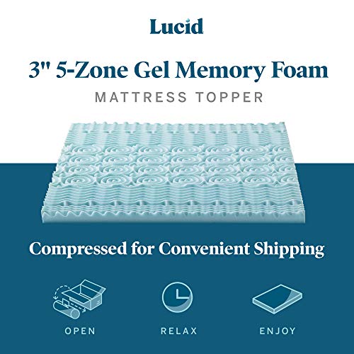 LUCID 3 Inch Gel Memory Foam Plush - Cooling Targeted Convoluted Comfort Zones Mattress Topper, Twin & Premium Hypoallergenic 100% Waterproof Mattress Protector - Universal Fit,White Twin