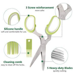Herb Scissors Herb Stripper Set, Luxiv Stainless Steel Herb Cutter Tools 5-Blades Scissors with Herb Stripping Tool, Safe Cover, Cleaning Comb Multi-blade Herb Shears 2 IN 1 Herb Tools Kits (Green)