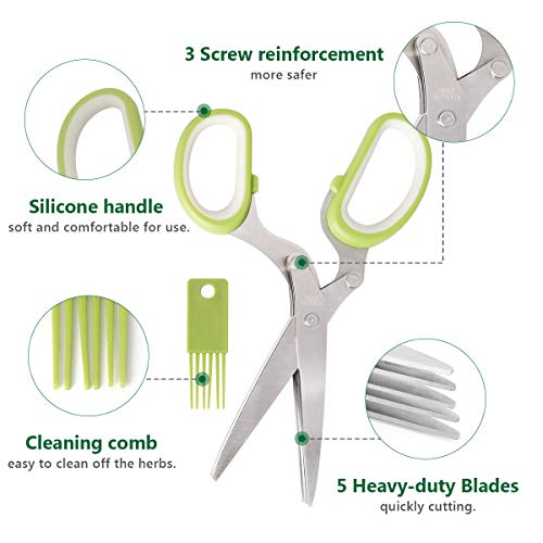 Herb Scissors Herb Stripper Set, Luxiv Stainless Steel Herb Cutter Tools 5-Blades Scissors with Herb Stripping Tool, Safe Cover, Cleaning Comb Multi-blade Herb Shears 2 IN 1 Herb Tools Kits (Green)