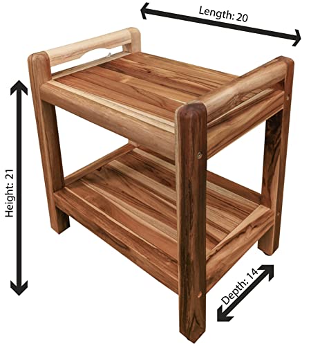 DecoTeak Earthy Teak Shower Stool Eleganto Natural Wood Seat Shower Bench with Storage Shelf and LiftAide Arms for Indoors and Outdoors - 14 inches Wide