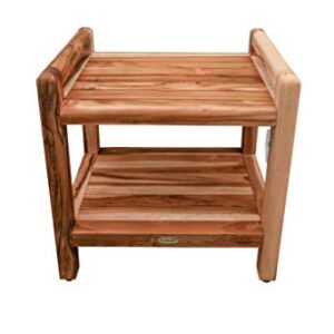 DecoTeak Earthy Teak Shower Stool Eleganto Natural Wood Seat Shower Bench with Storage Shelf and LiftAide Arms for Indoors and Outdoors - 14 inches Wide