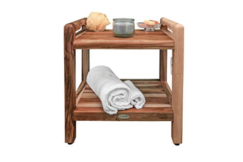 DecoTeak Earthy Teak Shower Stool Eleganto Natural Wood Seat Shower Bench with Storage Shelf and LiftAide Arms for Indoors and Outdoors - 14 inches Wide