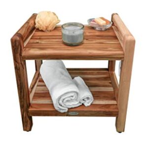 DecoTeak Earthy Teak Shower Stool Eleganto Natural Wood Seat Shower Bench with Storage Shelf and LiftAide Arms for Indoors and Outdoors - 14 inches Wide