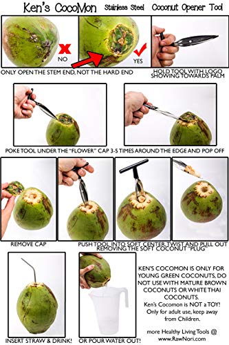 Ken's CocoMon Coconut Opener Tool + Stainless Straw for Fresh GREEN Young Fruit Black Rubber Handle EZ Easy Grip SAFE with Stainless Steel Drinking Straws (1 CocoMon + 1 Straw)