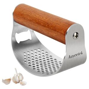 auyeetek garlic press, stainless steel mincer &crusher set heavy duty easy squeeze clean for ginger with professional ergonomic handle cleaning brush rust proof dishwasher safe