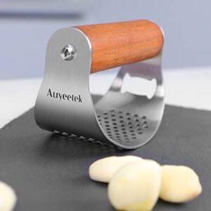 Auyeetek Garlic Press, Stainless Steel Mincer &Crusher Set Heavy Duty Easy Squeeze Clean for Ginger with Professional Ergonomic Handle Cleaning Brush Rust Proof Dishwasher Safe