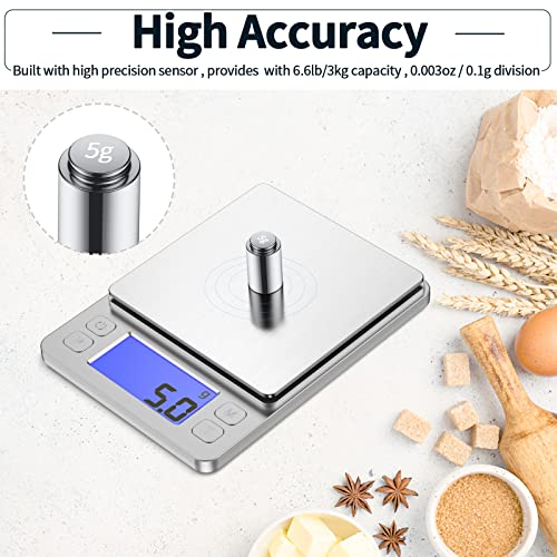 Kitchen Food Scale, 3000g/0.1g High Precision Digital Scale, Used for Cooking, Jewelry, Baking, Tare Function, with 2 Trays, LCD Display